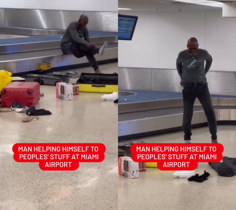 Thief stealing clothes from luggage at Miami International Airport