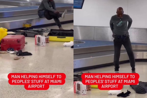 Thief stealing clothes from luggage at Miami International Airport