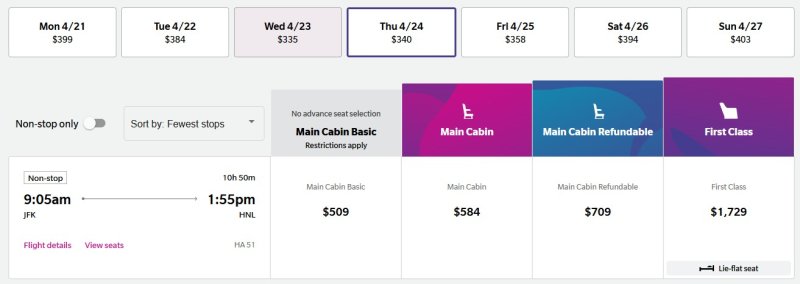 hawaiian 787 jfk prices
