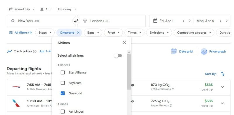 google flights airline alliance